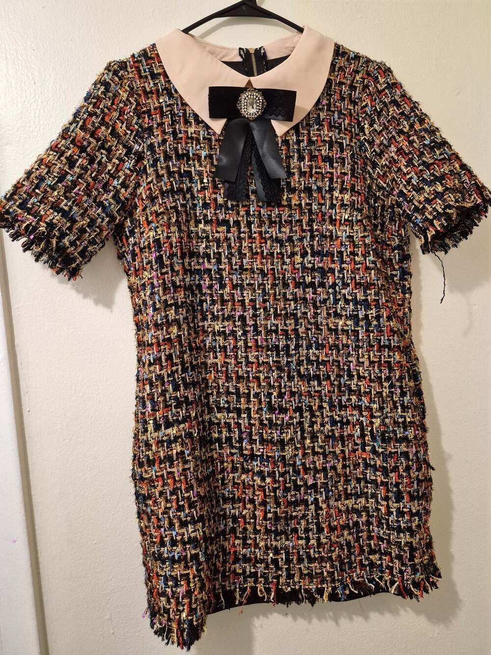 Just Me Tweed Short Sleeve Collared Dress with Bow Detail